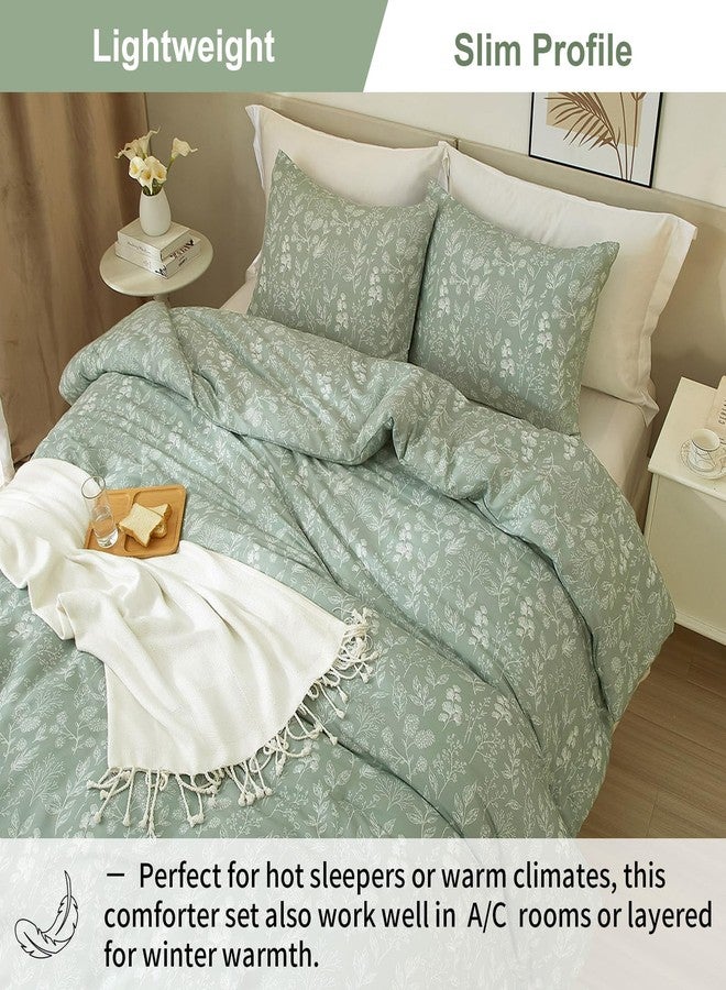 EAVD Queen Comforter Set Sage Green Floral Comforter Set Vintage Soft Microfiber Chic Cute Floral Bedding Comforter with 2 Pillowcases Fresh Reversible Botanical Comforter Set for All-Season - Image 5