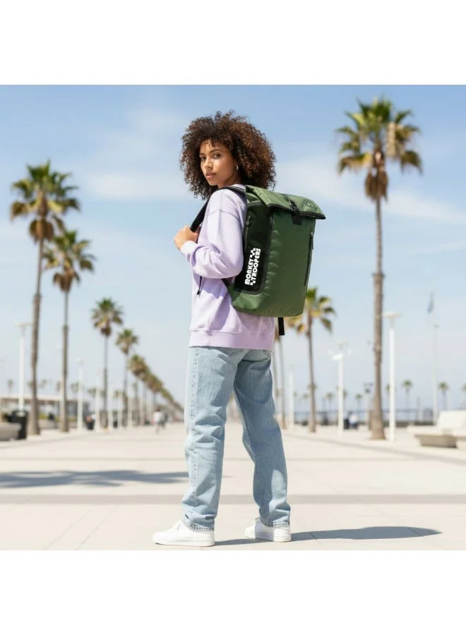 Monkey Troopers Olive Hoody Roll Top Laptop Backpack 22 Liter With Padded Compartment Multiple Pockets Breathable Back Mesh Luggage Straps Key Hook