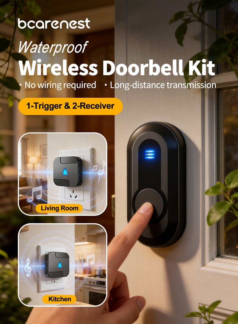 Bcarenest Wireless Waterproof Doorbell Kit with 300m Long-Distance Transmission, 55 Ringtones, 5-Level Volume Control — Suitable as Doorbell or Elderly Pager (1 Button + 2 Receivers) - Image 2