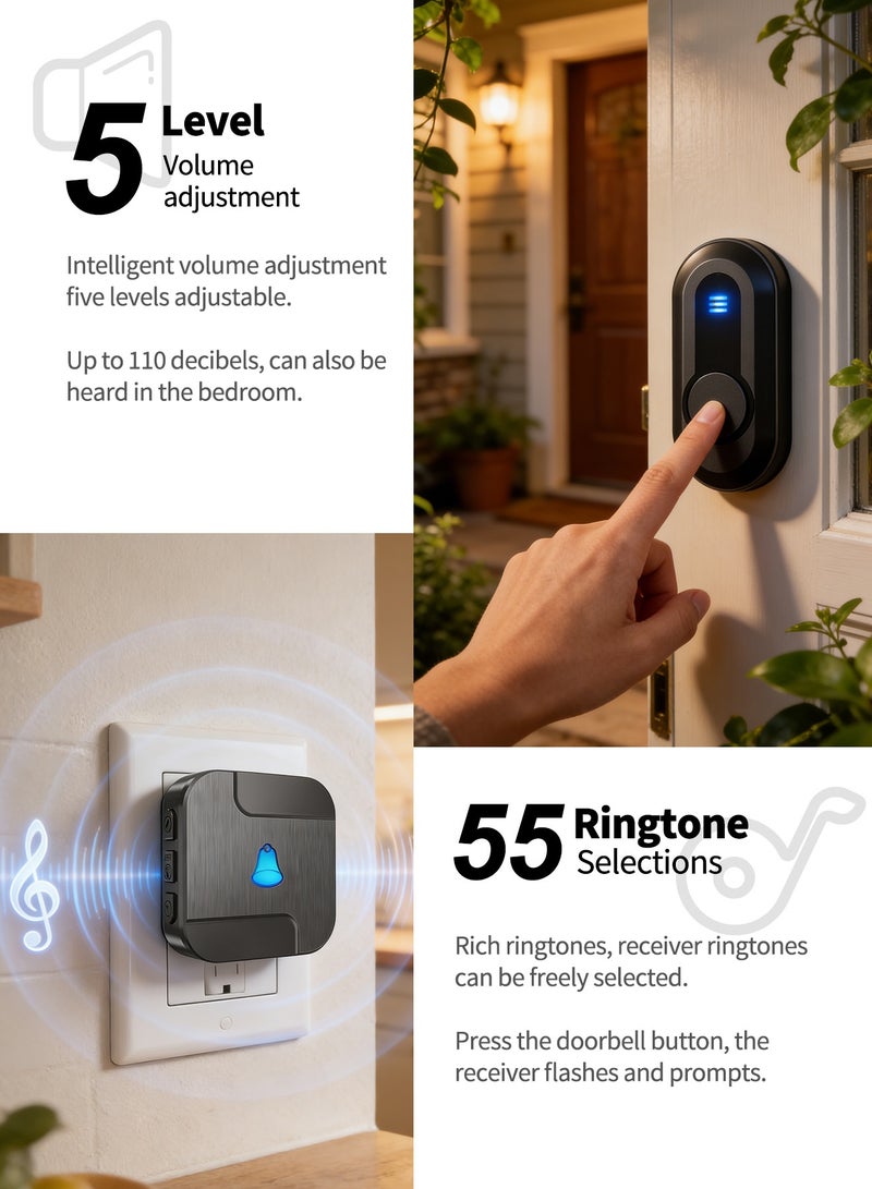 Bcarenest Wireless Waterproof Doorbell Kit with 300m Long-Distance Transmission, 55 Ringtones, 5-Level Volume Control — Suitable as Doorbell or Elderly Pager (1 Button + 2 Receivers) - Image 5