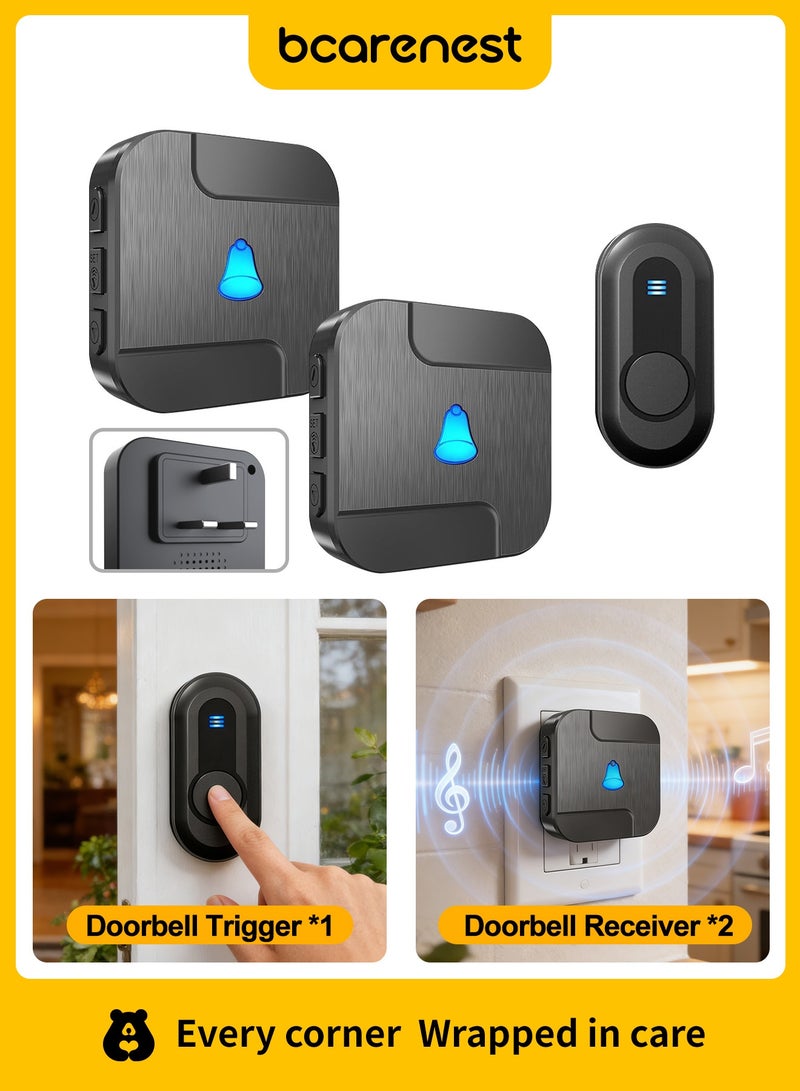 Bcarenest Wireless Waterproof Doorbell Kit with 300m Long-Distance Transmission, 55 Ringtones, 5-Level Volume Control — Suitable as Doorbell or Elderly Pager (1 Button + 2 Receivers) - Image 1
