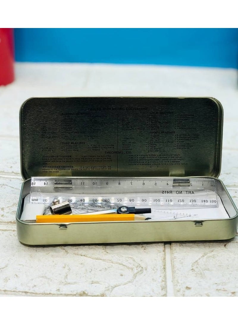 مقلمة الطقم الهندسي بالعلبة الصفيح البرجل الهندسي  معدني و القلم الرصاص و المساطر و الاستيكة - Image 3