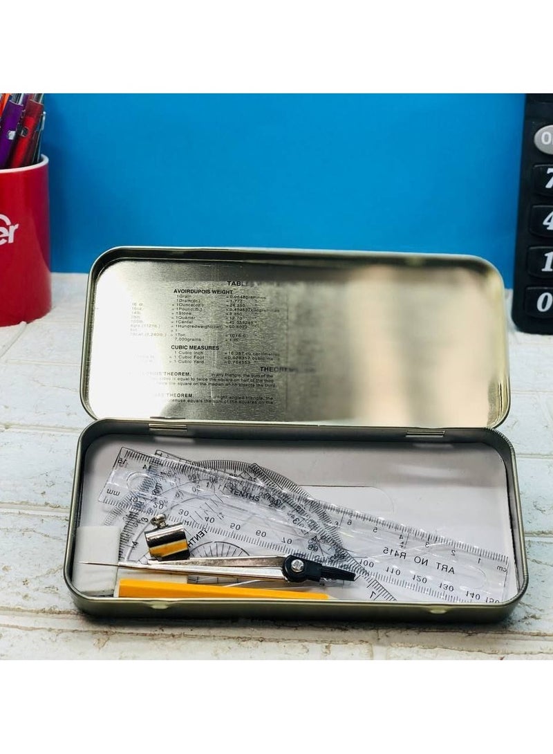 مقلمة الطقم الهندسي بالعلبة الصفيح البرجل الهندسي  معدني و القلم الرصاص و المساطر و الاستيكة - Image 1