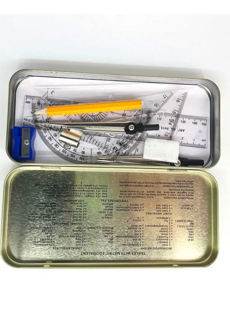 مقلمة الطقم الهندسي بالعلبة الصفيح البرجل الهندسي  معدني و القلم الرصاص و المساطر و الاستيكة - Image 2