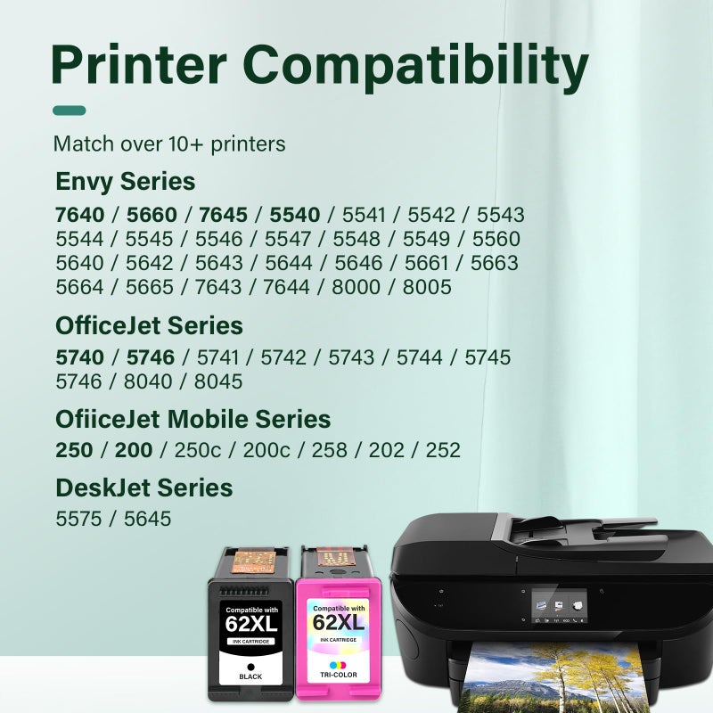 Cool Toner 62XL 62 Envy 7640 Ink Cartridges Black and Color Combo Pack Replacement for HP62 62 XL Ink for HP Envy 5660 5540 7645 5740 5746 OfficeJet 250 200 Printer (2-Pack,1 Black 1 Tri-Color) - Image 2