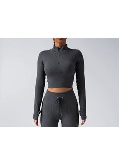Seamless Yoga Set Zip Jacket Drawstring Pants gray top