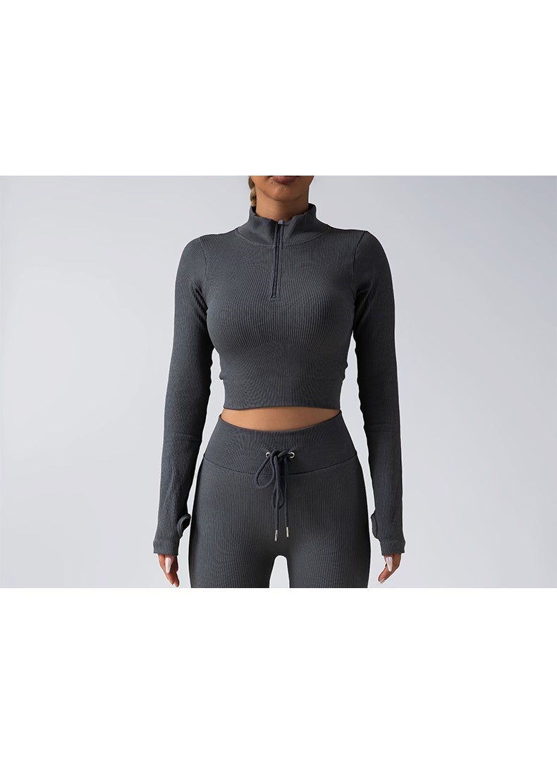 Generic - Seamless Yoga Set Zip Jacket Drawstring Pants gray top - Image 1