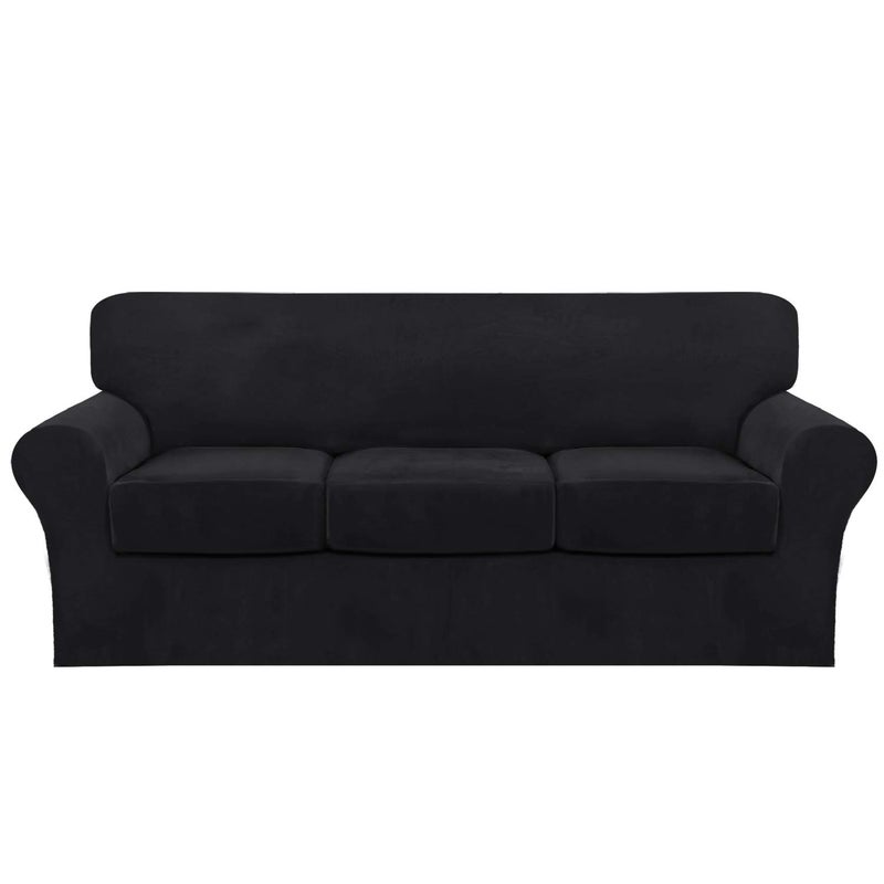 FantasDecor 4 Piece Sofa Velvet Couch Covers for 3 Cushion Stretch Slipcover with Individual Seat Cushion Elastic Furniture Protector for Pets Machine Washable Sofa Black