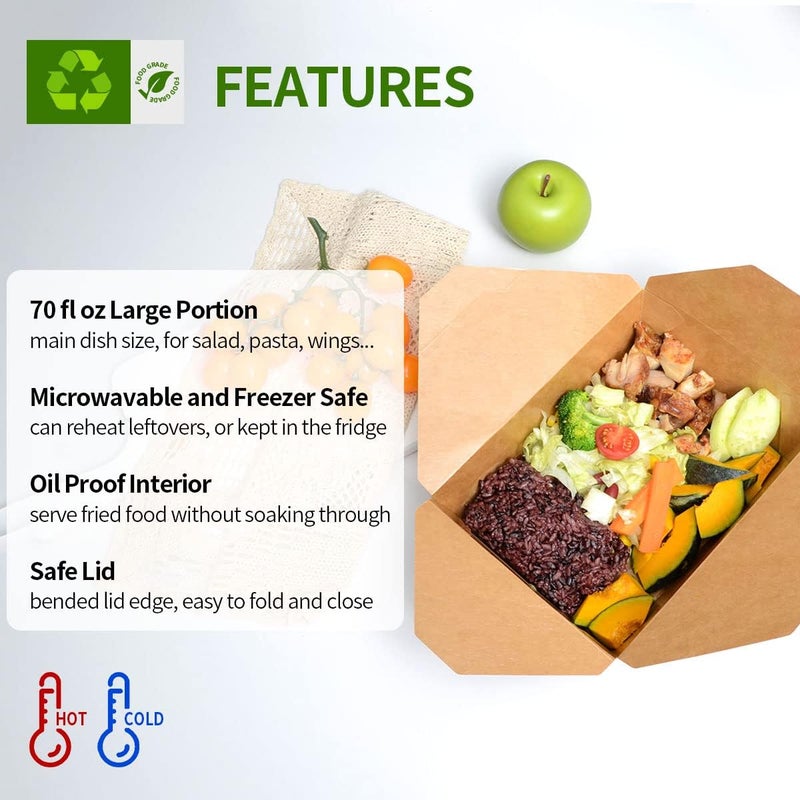 AICHEF 50 Pack 70 oz Large Take Out Food Containers - Heavy Duty Microwavable Kraft Brown Paper To Go Box #3 - Grease Resist Paper Lunch Box Cardboard Take Out Box for Restaurant, Household, Party - Image 3