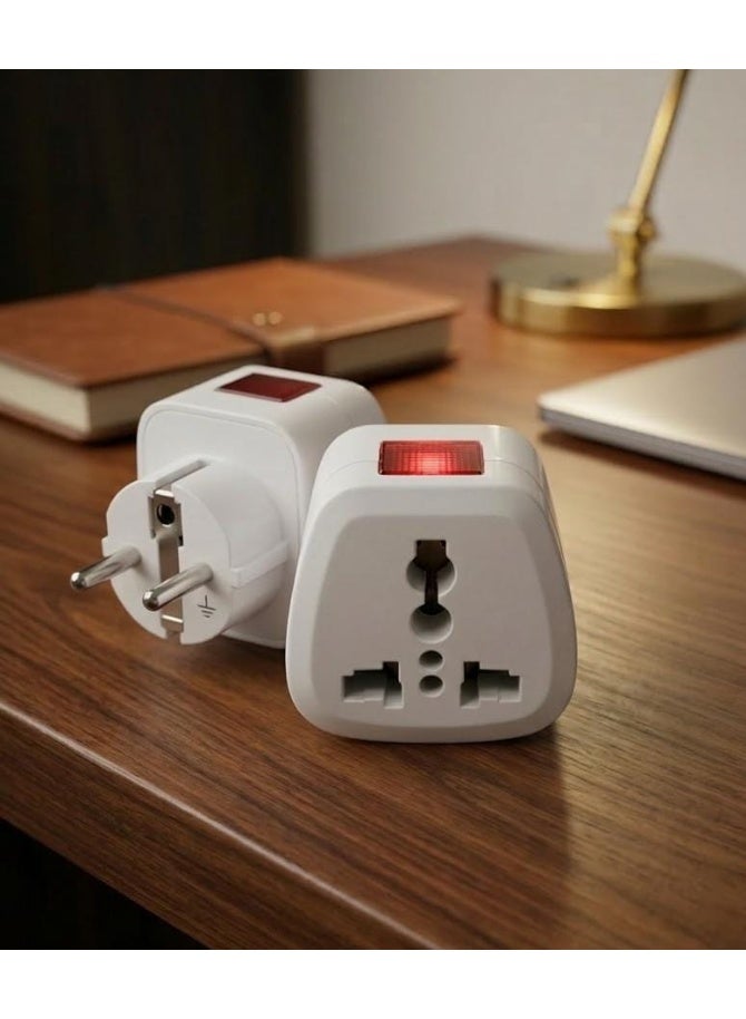 Universal travel plug adapter with illuminated safety switch - compatible with all plug types (2-pack)