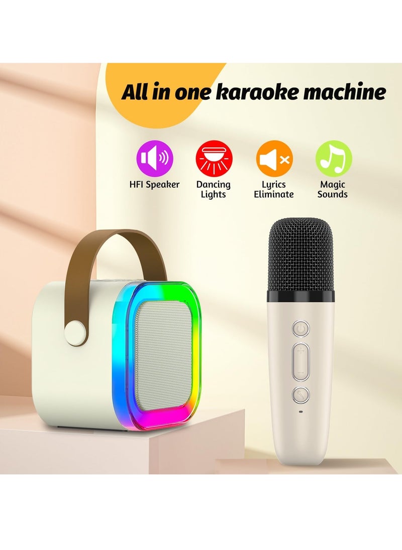 Generic Mini Karaoke Machine for Kids Adult Birthday Gift, Portable Bluetooth Karaoke Speaker with 2 Wireless Microphones and LED Colored Lights for Family Birthday Party (Off-White)  - Image 2