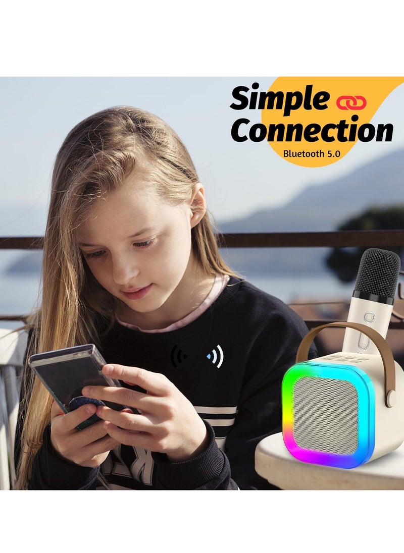 Generic Mini Karaoke Machine for Kids Adult Birthday Gift, Portable Bluetooth Karaoke Speaker with 2 Wireless Microphones and LED Colored Lights for Family Birthday Party (Off-White)  - Image 3