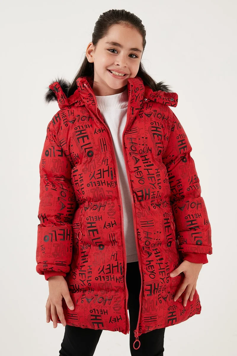Lela Faux Fur Collar Text Printed Removable Hooded Plush Lined Winter Coat Girl's Coat 5761984