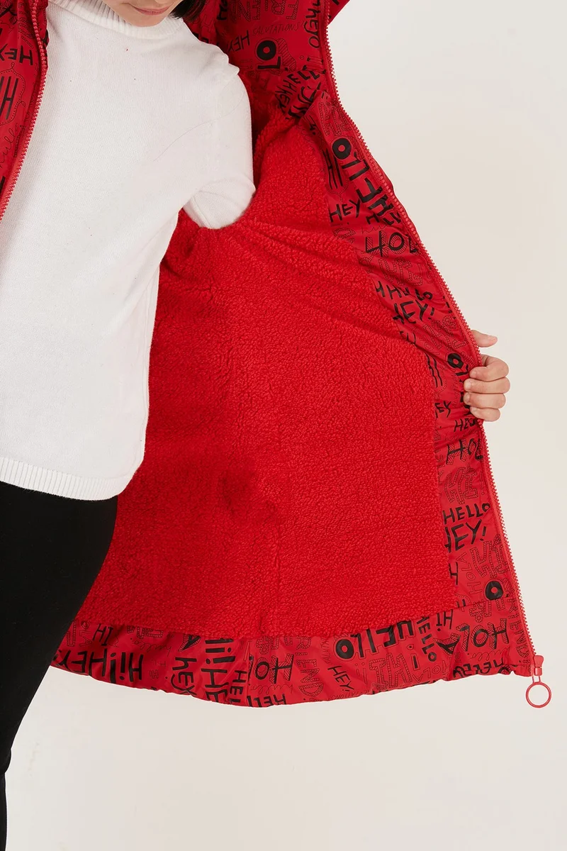 Lela Faux Fur Collar Text Printed Removable Hooded Plush Lined Winter Coat Girl's Coat 5761984
