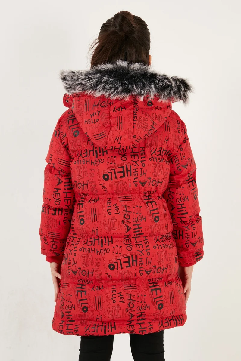 Lela Faux Fur Collar Text Printed Removable Hooded Plush Lined Winter Coat Girl's Coat 5761984