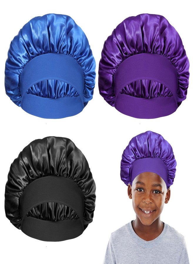 Ajcotahm 3 PCS Kids Bonnet for Boys, Silk Satin Sleeping Cap Kid Bonnets Curly Hair Wrap Elastic Wide Band Bonnet Sleep Cap for Child Toddler Teenager - Image 1