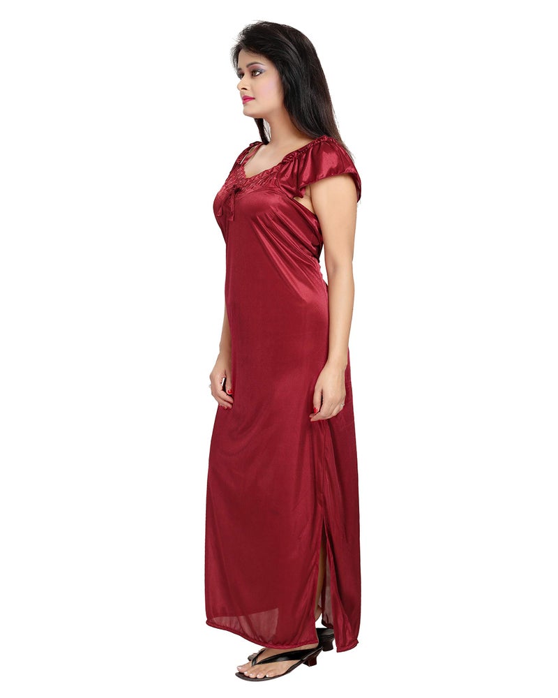 Noty Store Noty- Women's Satin Nighty, Robe, Top, Bottoms, Bra, Panty, Eye Mask - Set of 7 (Maroon, Free Size) - Image 3
