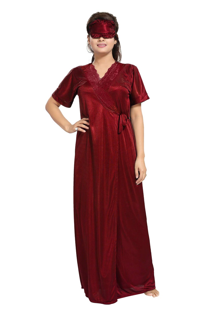 Noty Store Noty- Women's Satin Nighty, Robe, Top, Bottoms, Bra, Panty, Eye Mask - Set of 7 (Maroon, Free Size) - Image 2