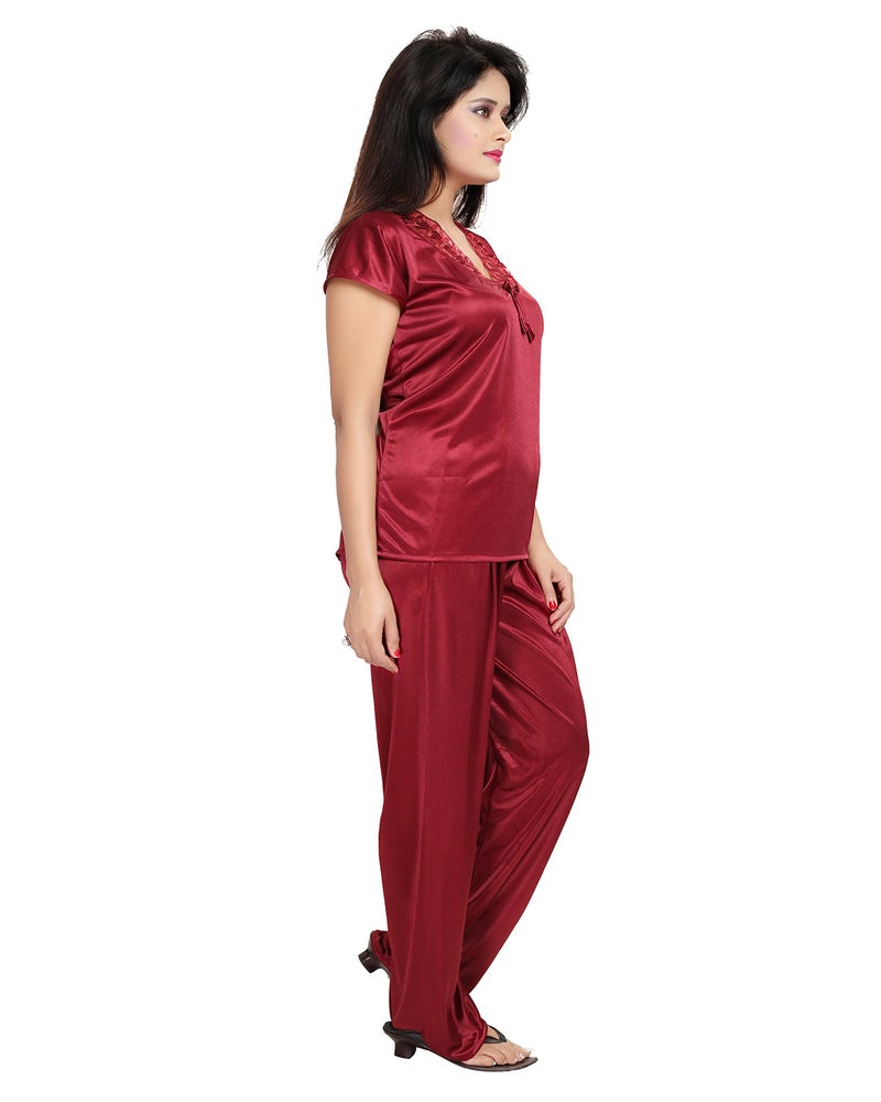 Noty Store Noty- Women's Satin Nighty, Robe, Top, Bottoms, Bra, Panty, Eye Mask - Set of 7 (Maroon, Free Size) - Image 4