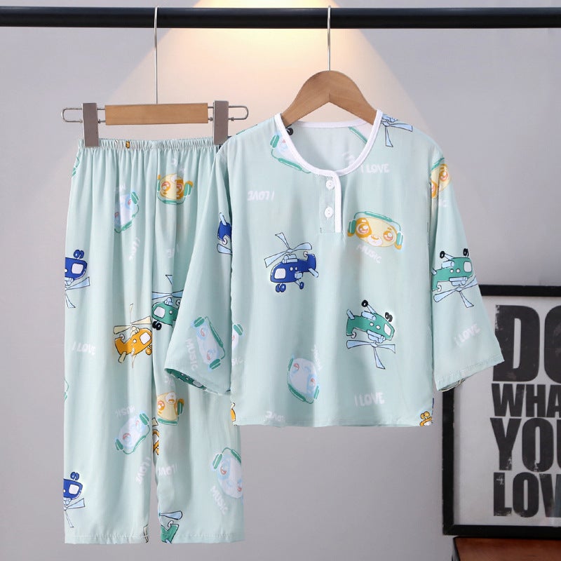 Wholesale childrens cotton silk pajamas summer thin long sleeve suit boys and girls baby air conditioning clothing cotton silk home clothes Helicopter 