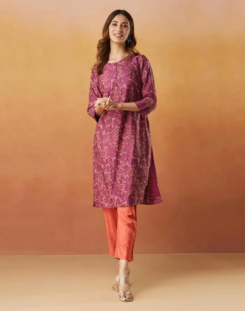 Fabindia Purple Cotton Silk Hand Block Printed Knee Length Kurta
