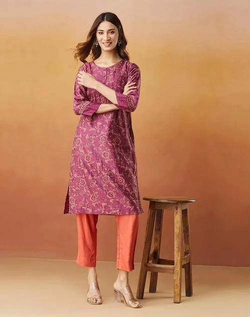 Fabindia Purple Cotton Silk Hand Block Printed Knee Length Kurta