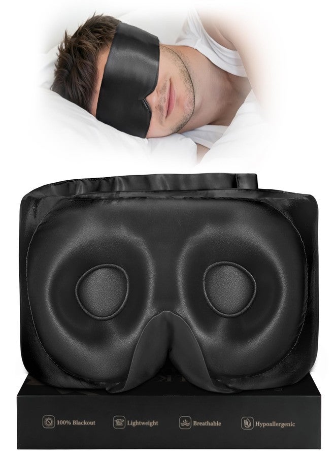 BeeVines Pure Silk 3D Sleep Mask for Men, Luxury 100% 22 Momme Mulberry Silk 3D Contoured Eye Mask, Zero Pressure on Eyes & Blackout Eye Mask for Sleeping, with Adjustable Band (Black - Image 1