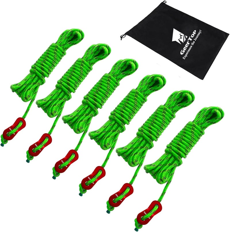 GEERTOP 6 Pack Reflective Guy Lines, 4mm Durable Tent Cords with Aluminum Adjuster Tensioner, Ultralight High-Visibility Camp Ropes for Tent Tarp, Canopy Shelter, Desert Camping - Image 1