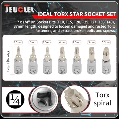 JEUCLEL 7PCS Torx Star 6 Point 14Inch Impact Drive Socket Kit Broken Bolt Extractor with T10 T15 T20 T25 T27 T30 T40 Damaged Stripped Fastener Screw Remover Tool Set - Image 3