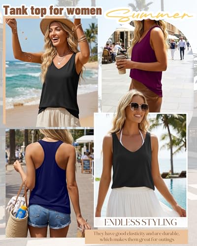 Huukeay 3 Pack Womens Tank Tops V Neck Racerback Tops Loose Fit Summer Casual Sleeveless Tee Workout Yoga Athletic ShirtsBlack Navy Blue FuchsiaMedium - Image 3