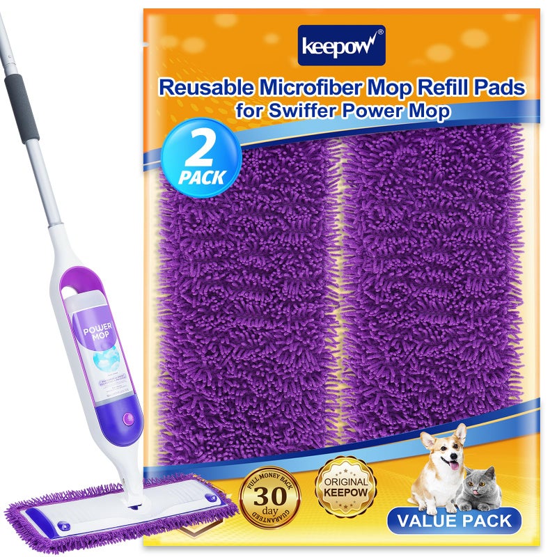 KEEPOW Reusable Power Mop Refill Pads Compatible with Swiffer PowerMop Microfiber Power Mop Refills Power Mop Pads for Hardwood Floor Cleaning 2 Pack Mop is Not Included