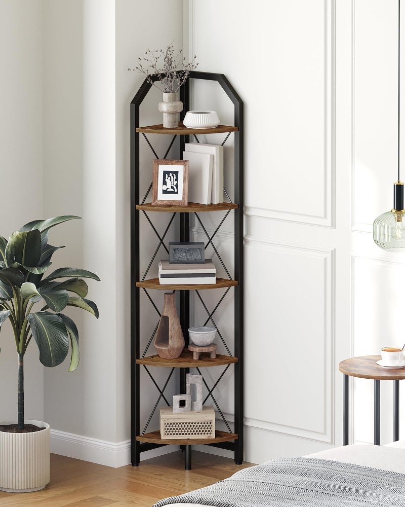 CHOEZON 59.4" Corner Shelf, 5-Tier Industrial Corner Bookshelf, Corner Storage Stand, Plant Stand Display Shelf, Bookcase for Bedroom, Living Room, Home Office, Rustic Brown and Black TCJ10BF - Image 1