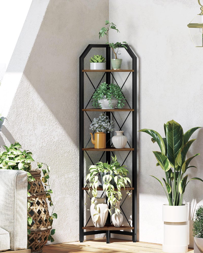 CHOEZON 59.4" Corner Shelf, 5-Tier Industrial Corner Bookshelf, Corner Storage Stand, Plant Stand Display Shelf, Bookcase for Bedroom, Living Room, Home Office, Rustic Brown and Black TCJ10BF - Image 4
