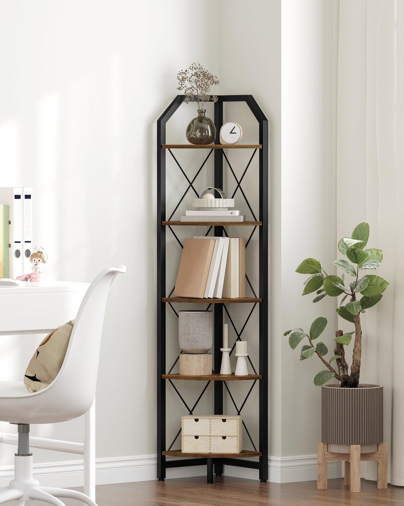 CHOEZON 59.4" Corner Shelf, 5-Tier Industrial Corner Bookshelf, Corner Storage Stand, Plant Stand Display Shelf, Bookcase for Bedroom, Living Room, Home Office, Rustic Brown and Black TCJ10BF - Image 2