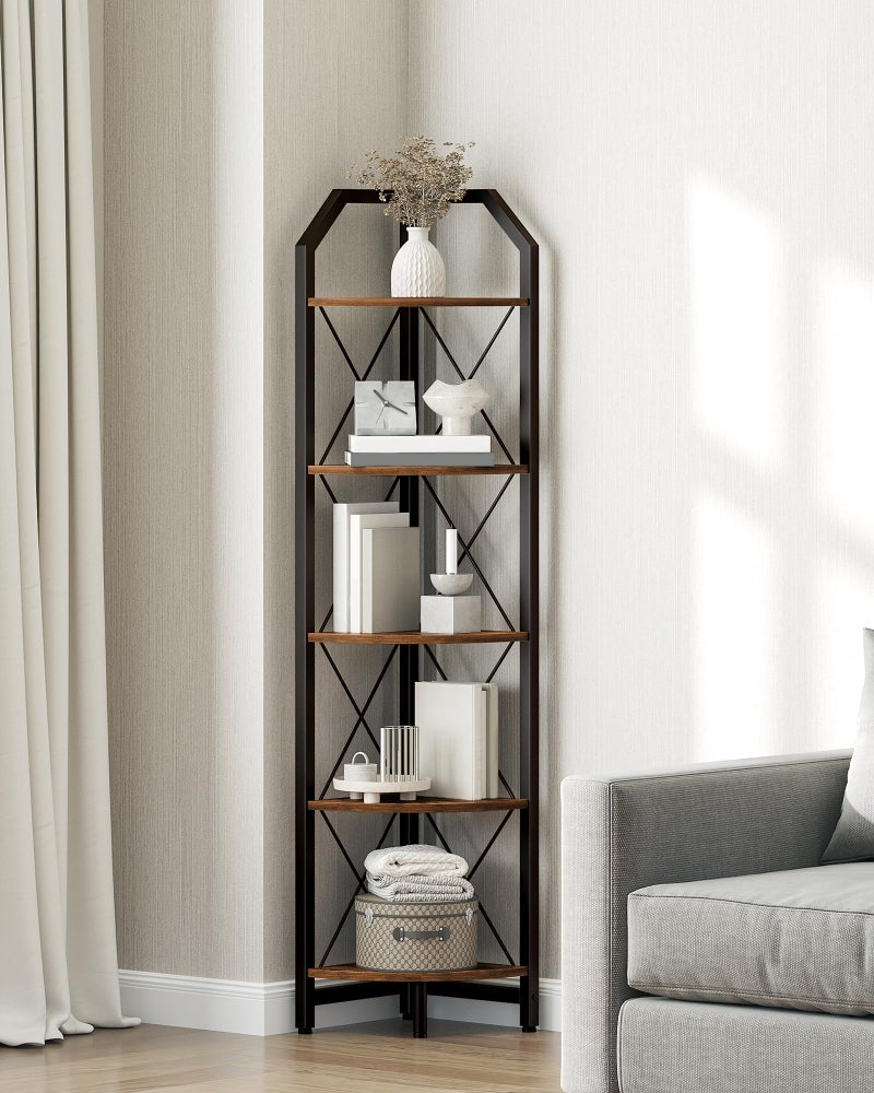 CHOEZON 59.4" Corner Shelf, 5-Tier Industrial Corner Bookshelf, Corner Storage Stand, Plant Stand Display Shelf, Bookcase for Bedroom, Living Room, Home Office, Rustic Brown and Black TCJ10BF - Image 3