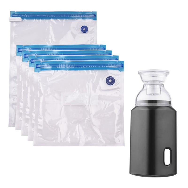 Electric Pump with Vacuum Storage Bags with USB Cable 5 Storage Bags Rechargeable Portable for Travel Home Use Save Space Black - Image 1