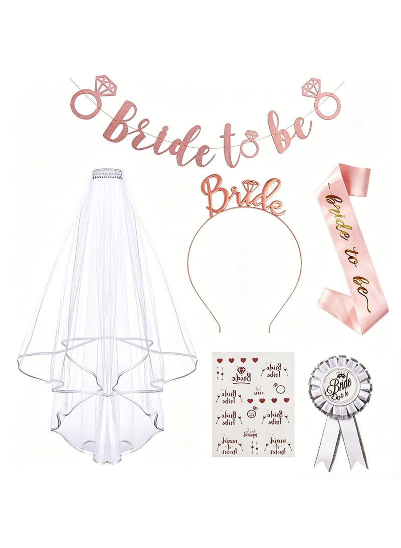 LuckSa Bride to Be Decoration Set - Sash, Headband Tiara, Veil With Comb, Stickers, Corsages, Pre-Strung Banner, Gifts for Wedding (Pink) - Image 1