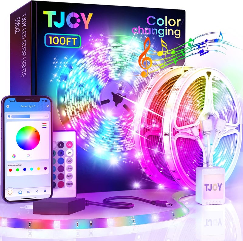 TJOY 100ft Bluetooth LED Strip Lights, Music Sync LED Lights Strip, RGB Color Changing LED Lights with Remote,Smart Phone APP Control, LED Lights for Bedroom,TV,Room DIY (APP+Remote +Mic) - Image 1