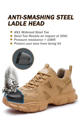 COOU Steel Toe Shoes for Women Lightweight Comfortable Steel Toe Sneakers Thickened Sole Puncture Proof Composite Toe Safety Shoes Women Size 7.5 Brown - Image 4