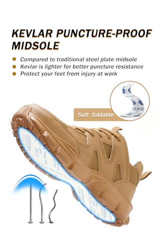 COOU Steel Toe Shoes for Women Lightweight Comfortable Steel Toe Sneakers Thickened Sole Puncture Proof Composite Toe Safety Shoes Women Size 7.5 Brown - Image 5