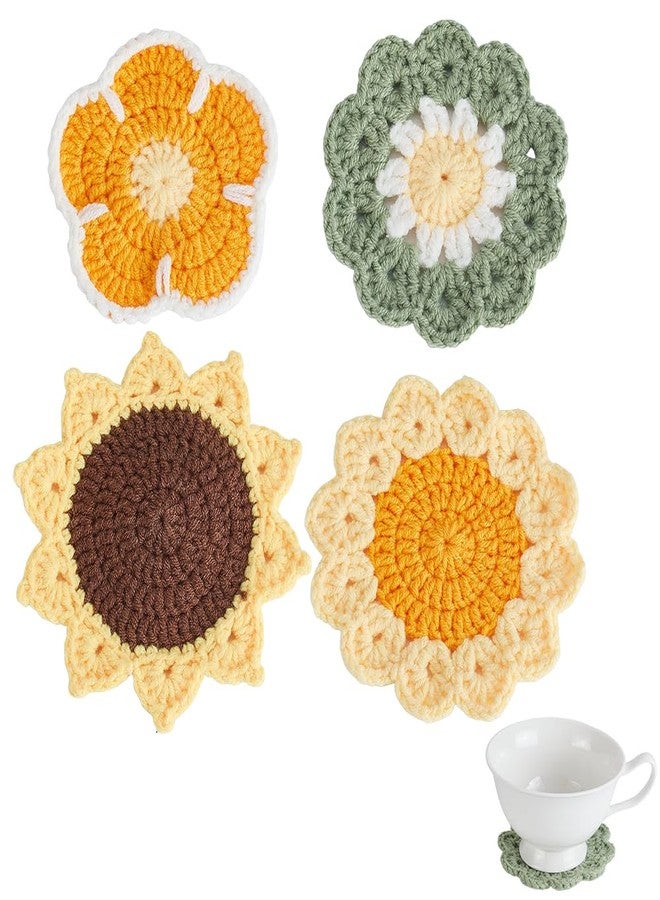 AHANDMAKER 4Pcs 4 Styles Crochet Coasters, Handmade Funny Flower Cup Coasters Multi-Colored Cotton Doily for Coffee Table Tabletop Protection Home Decor, 5 Inch - Image 1