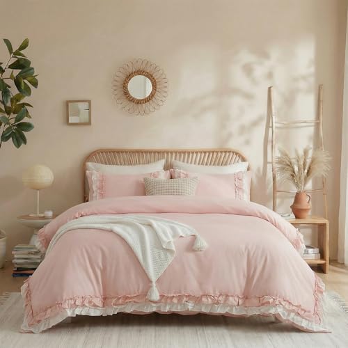 Merryword Pink Cotton Ruffled Comforter Set Queen Vintage Shabby Chic Farmhouse Bedding Set Coquette Aesthetic French Country Comforter - Image 3