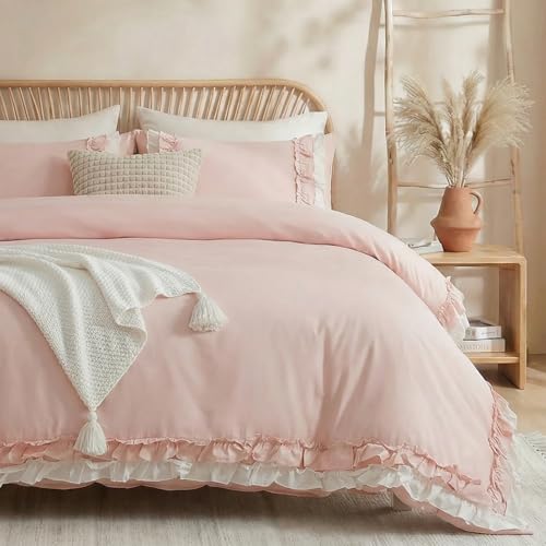 Merryword Pink Cotton Ruffled Comforter Set Queen Vintage Shabby Chic Farmhouse Bedding Set Coquette Aesthetic French Country Comforter - Image 1