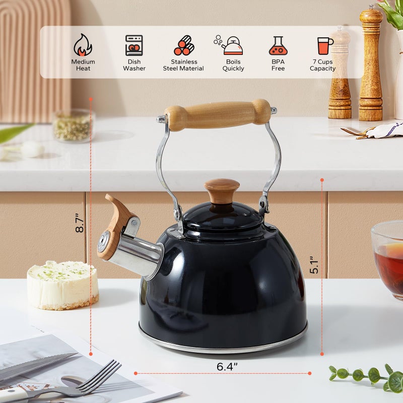 ROCKURWOK Tea Kettle, Tea Pot with Cool Touch Ergonomic Handle, Teapot Food Grade Stainless Steel, Tea Kettle Stovetop, Kettle Teapot, Whistling Tea Kettle, Small Tea Pot, 1.6 Quart (Black) - Image 3