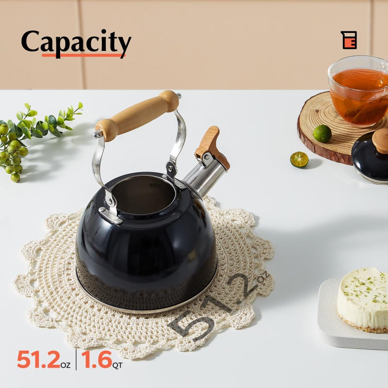 ROCKURWOK Tea Kettle, Tea Pot with Cool Touch Ergonomic Handle, Teapot Food Grade Stainless Steel, Tea Kettle Stovetop, Kettle Teapot, Whistling Tea Kettle, Small Tea Pot, 1.6 Quart (Black) - Image 4