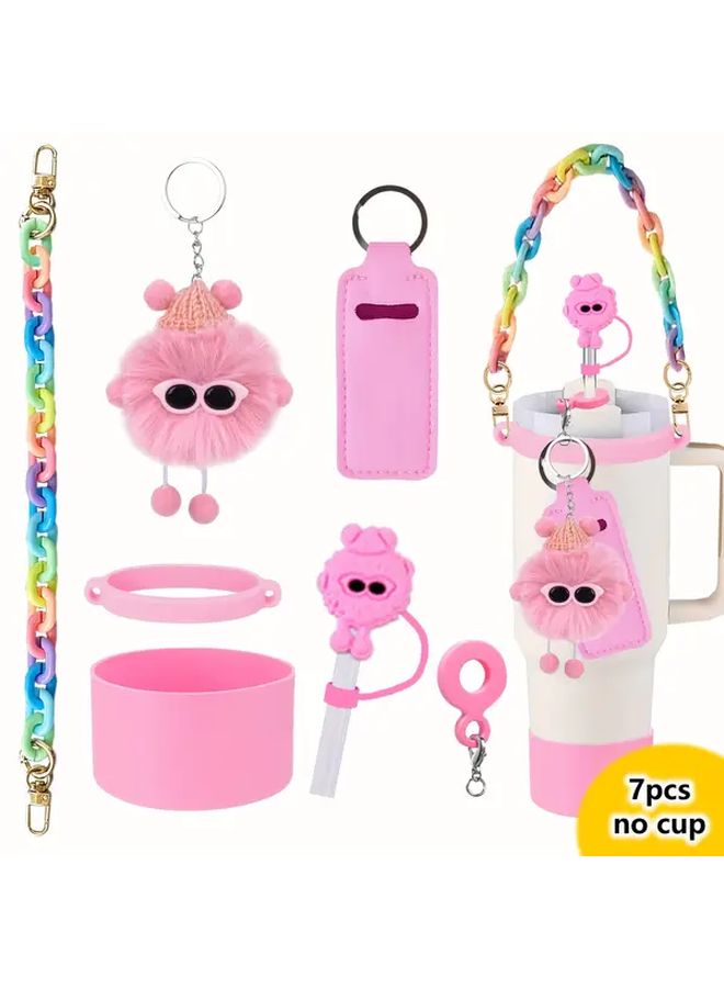 Pink 7pcs Cute Cup Accessories Set With Handle Strap Boot Straw Cover - Image 1