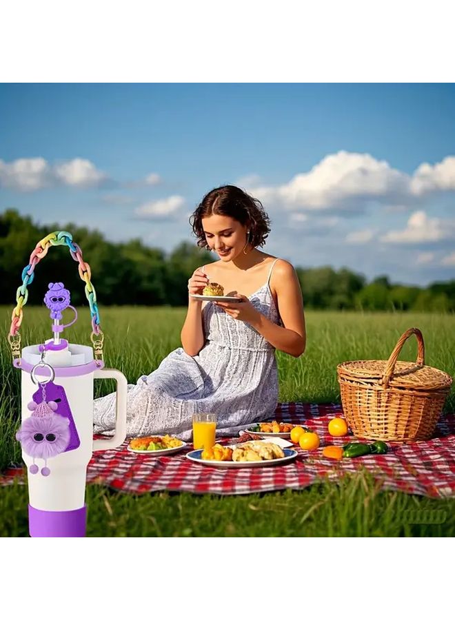 Pink 7pcs Cute Cup Accessories Set With Handle Strap Boot Straw Cover - Image 5