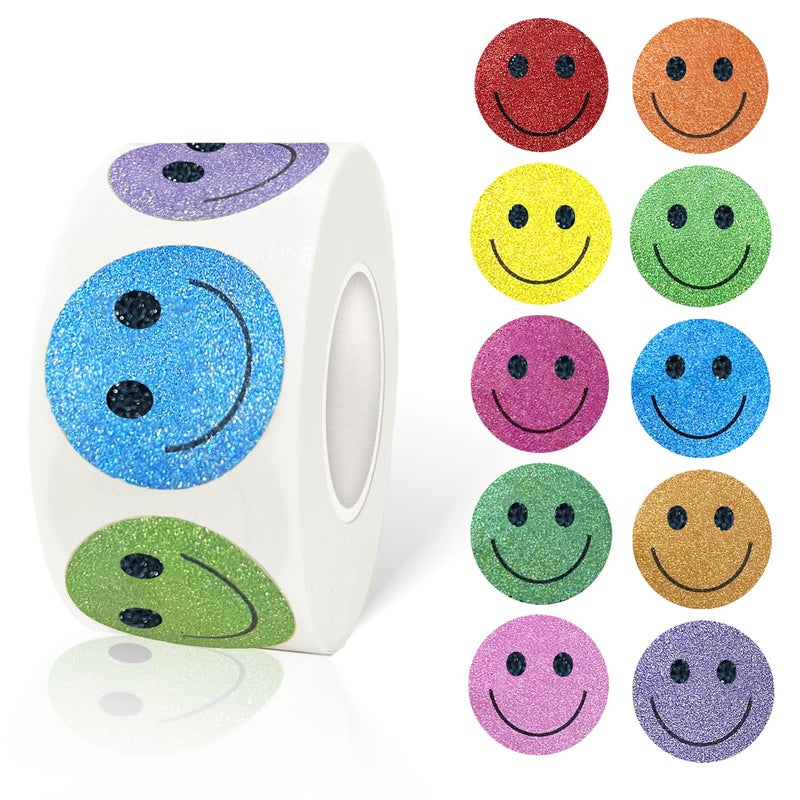 Yeachlaing 1 Inch Shiny Happy Face Stickers Circle Dots Labels Reward Stickers Teachers Sticker (500PCS,Multicolored) - Image 1