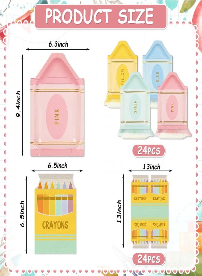 FYSUIMU Pastel Back to School Crayon Shape Tableware 4 Colors Paper Plates and Napkins for First Day of School Graduation Kindergarten Party Supplies, 48Pcs, Serves 24 - Image 2
