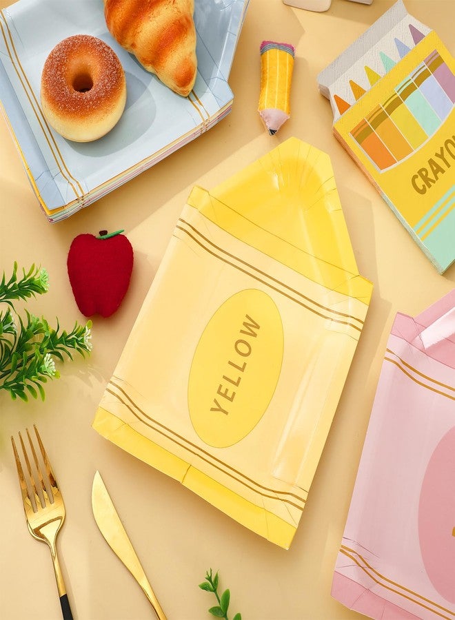 FYSUIMU Pastel Back to School Crayon Shape Tableware 4 Colors Paper Plates and Napkins for First Day of School Graduation Kindergarten Party Supplies, 48Pcs, Serves 24 - Image 3